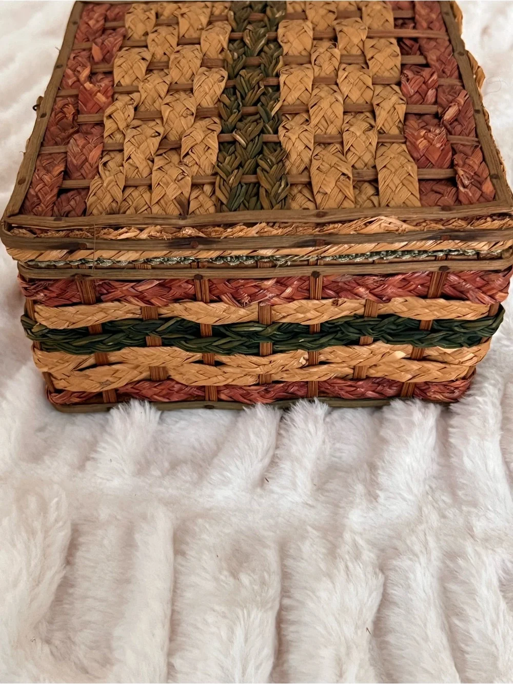 Vintage 1960s Braided Basketweave Sewing Chest Green Trim Satin Interior